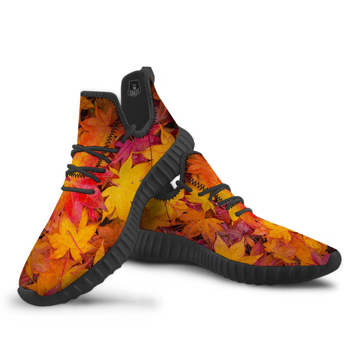 Autumn Leaves Print Black Walking Shoes-grizzshop
