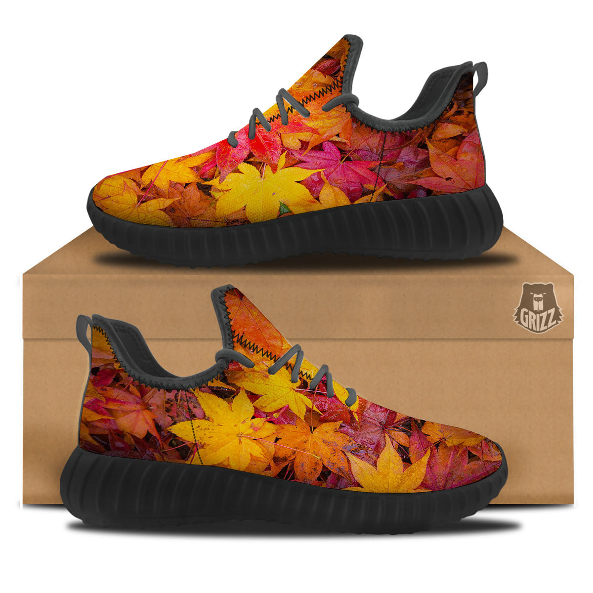 Autumn Leaves Print Black Walking Shoes-grizzshop