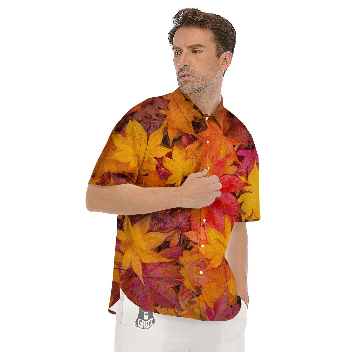 Autumn Leaves Print Men's Short Sleeve Shirts-grizzshop