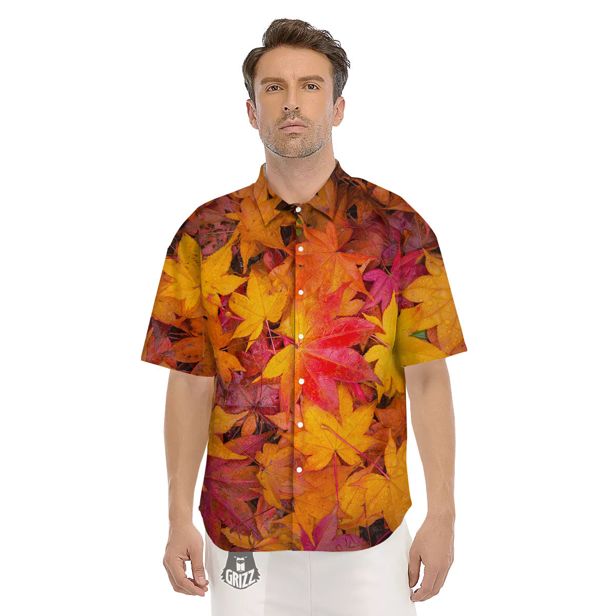 Autumn Leaves Print Men's Short Sleeve Shirts-grizzshop