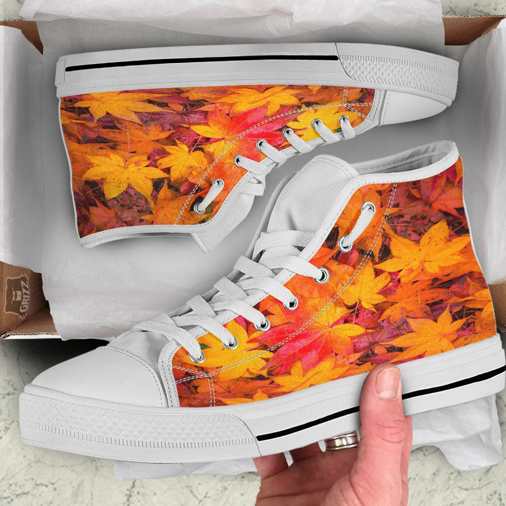 Autumn Leaves Print White High Top Shoes-grizzshop