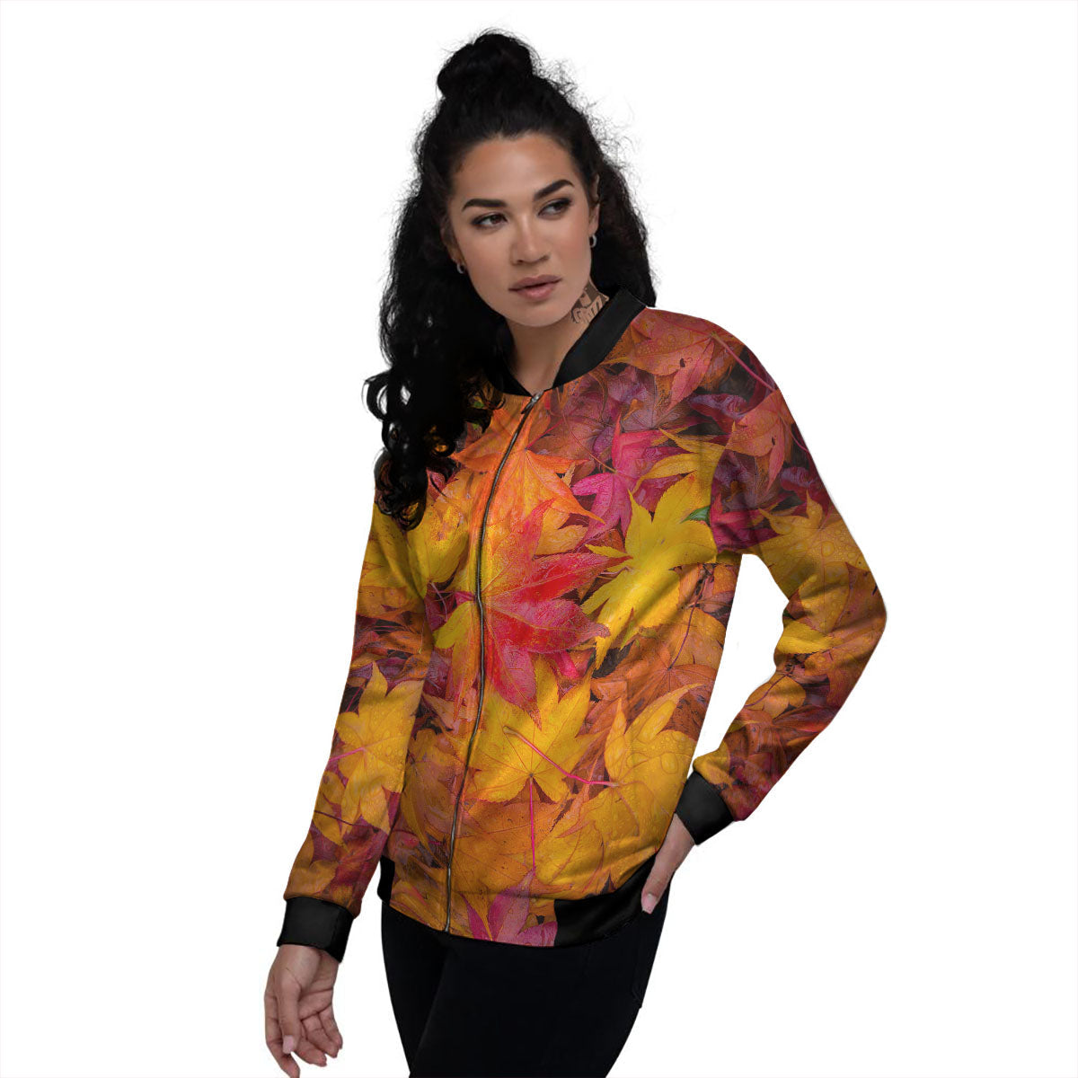 Autumn Leaves Print Women's Bomber Jacket-grizzshop