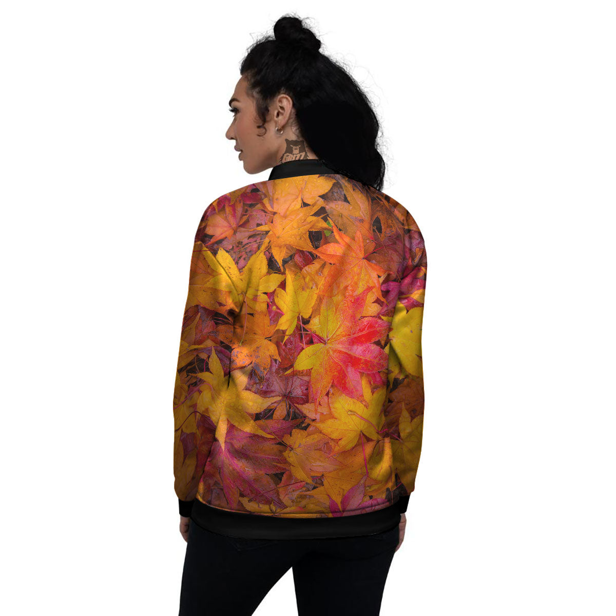 Autumn Leaves Print Women's Bomber Jacket-grizzshop
