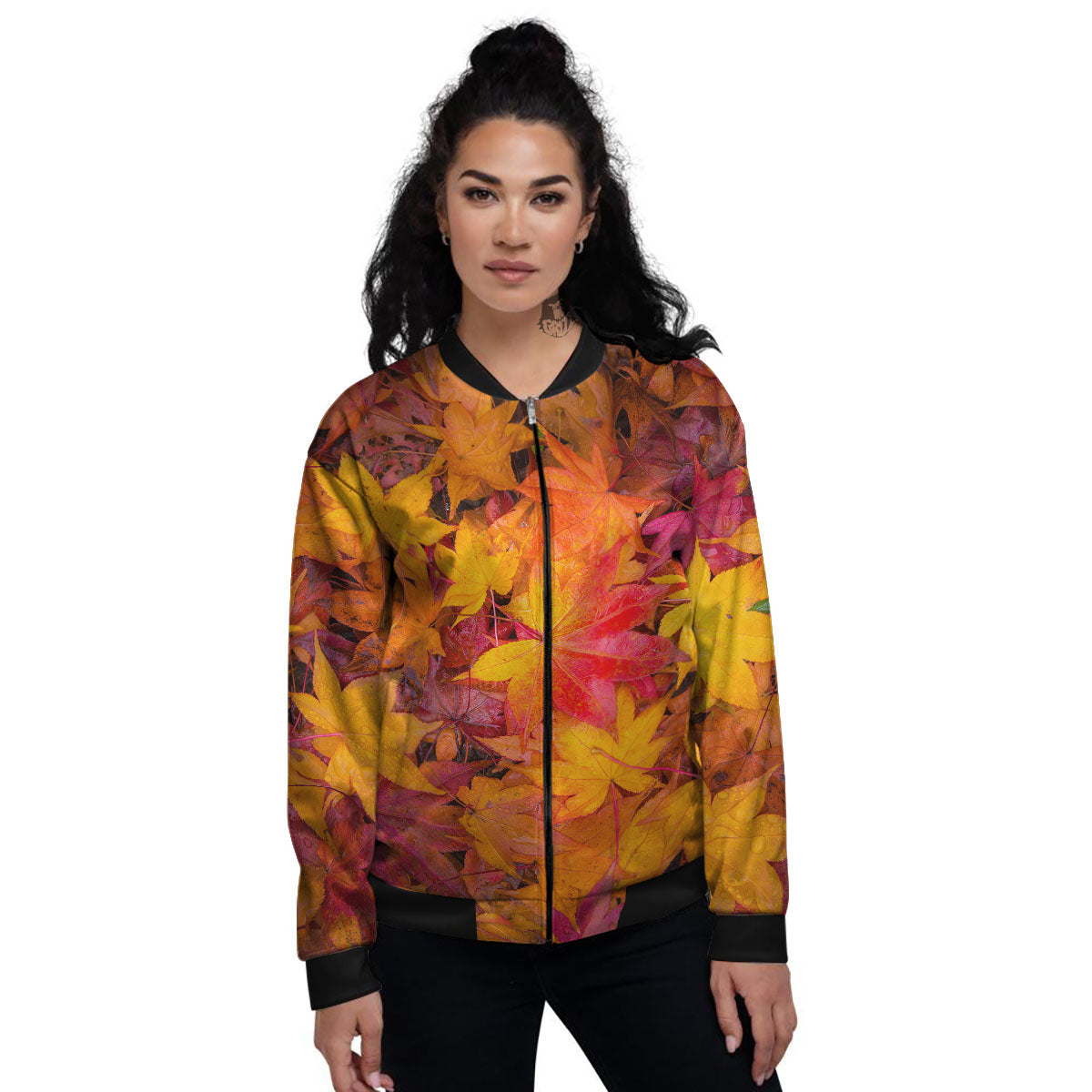 Autumn Leaves Print Women's Bomber Jacket-grizzshop