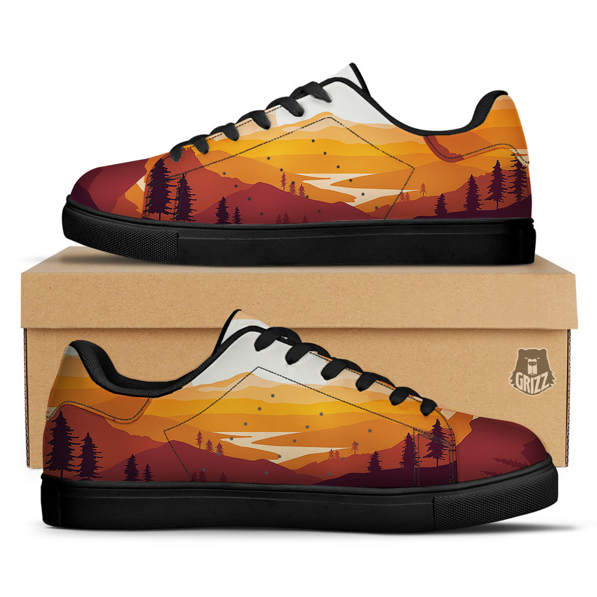 Autumn Mountains Sunset Print Black Low Top Sneakers-grizzshop
