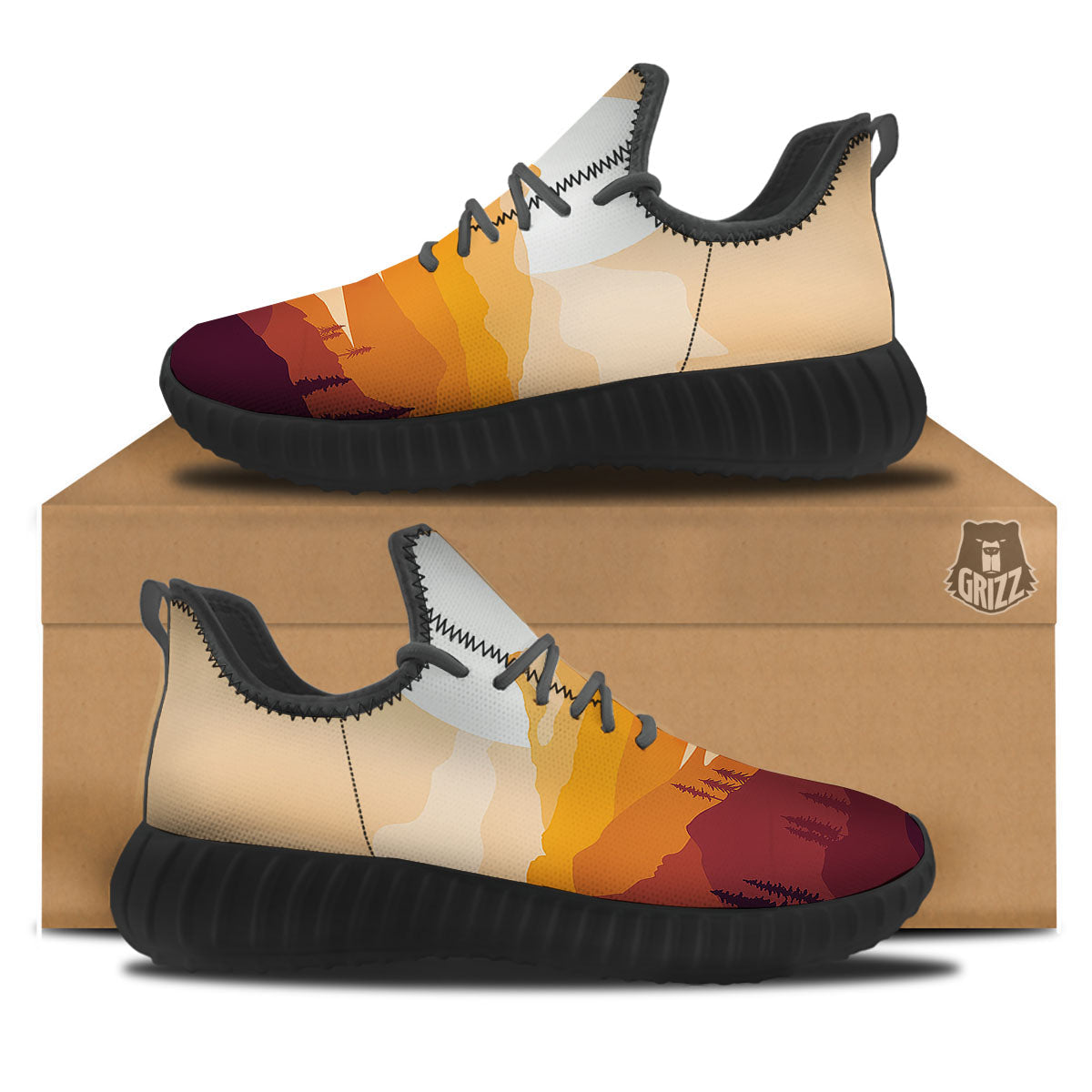 Autumn Mountains Sunset Print Black Walking Shoes-grizzshop