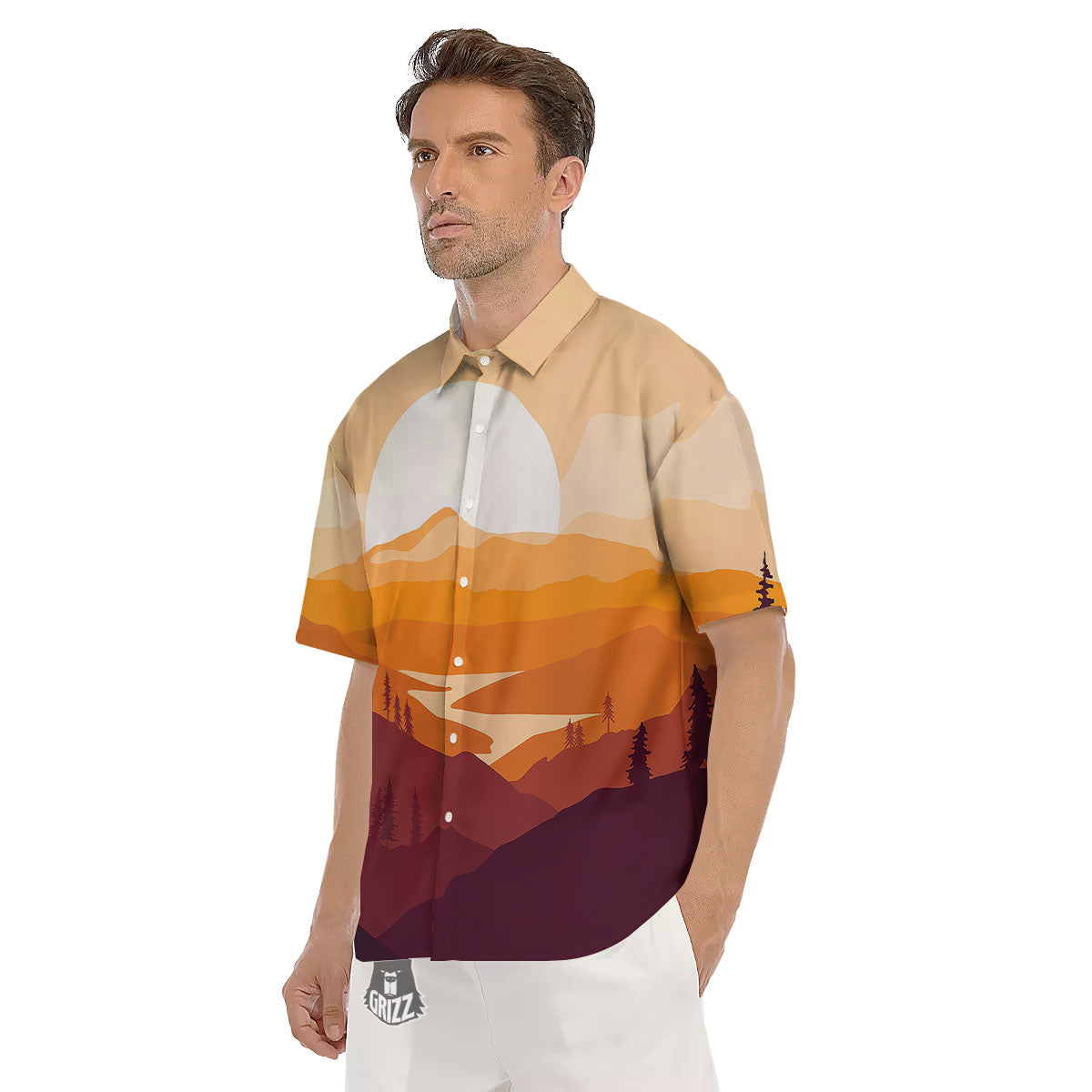 Autumn Mountains Sunset Print Men's Short Sleeve Shirts-grizzshop