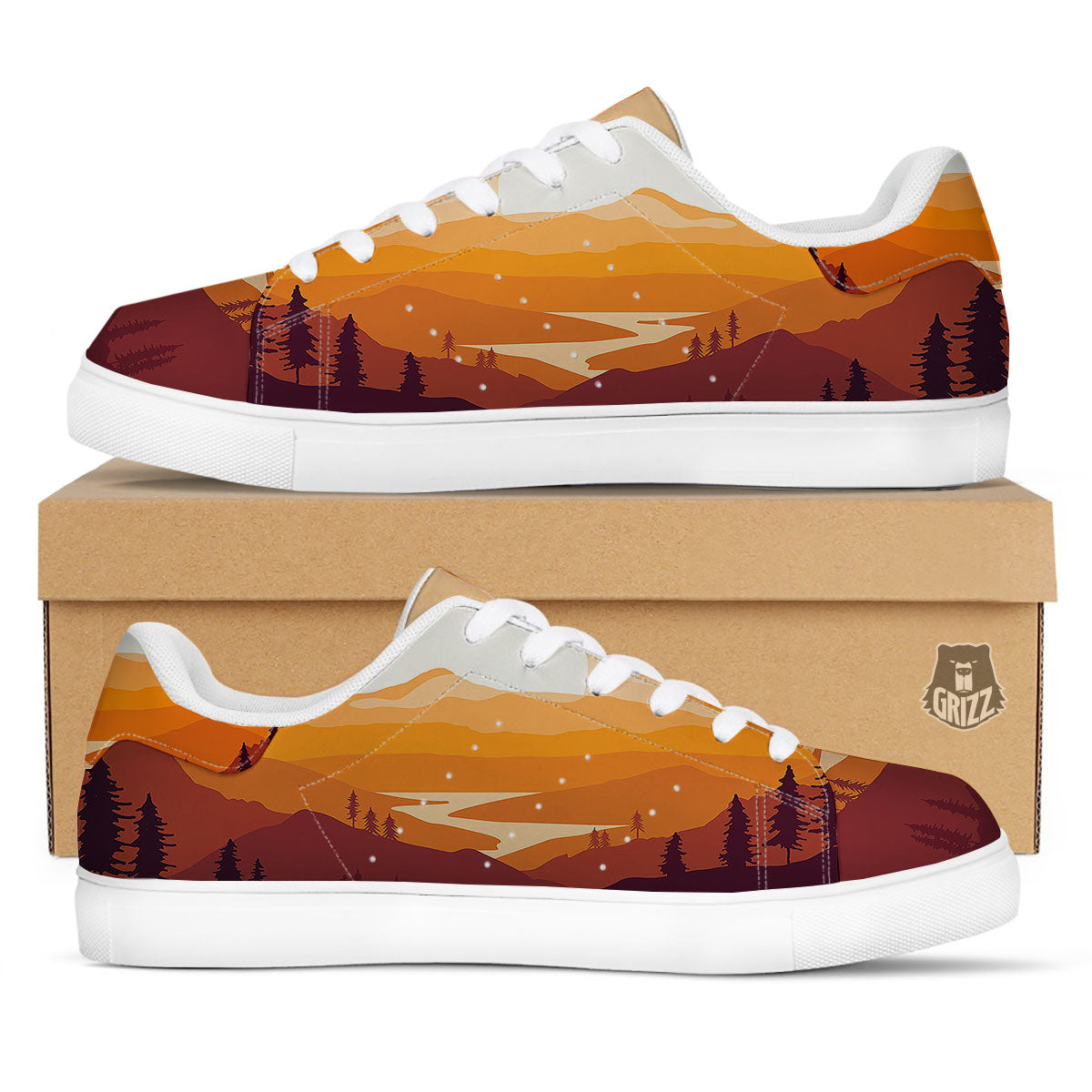 Autumn Mountains Sunset Print White Low Top Sneakers-grizzshop