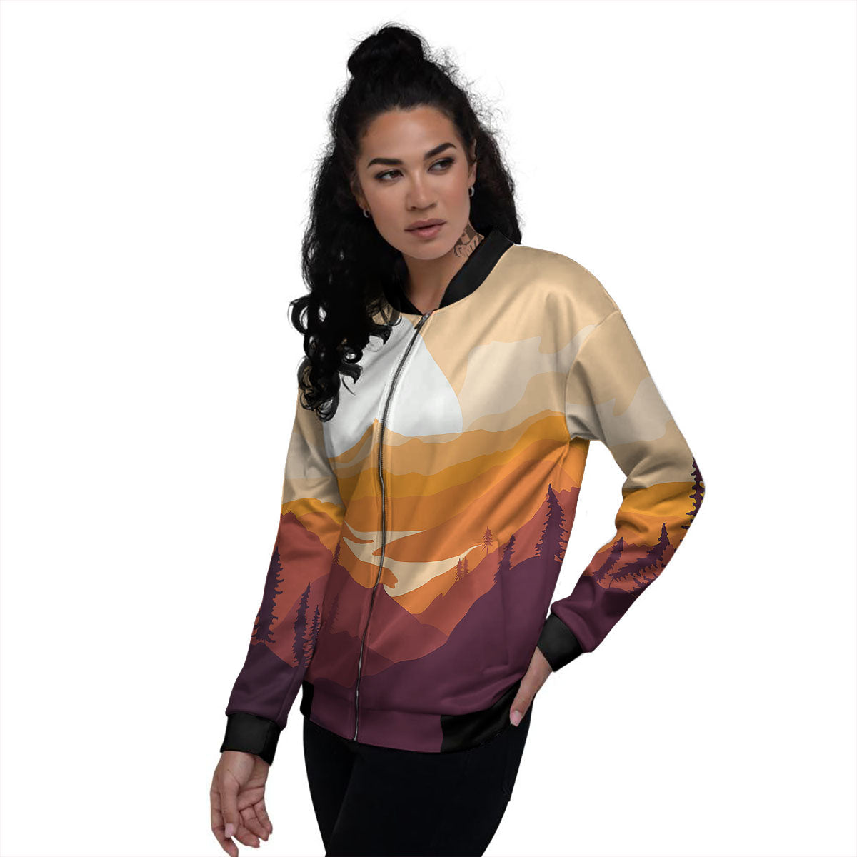 Autumn Mountains Sunset Print Women's Bomber Jacket-grizzshop