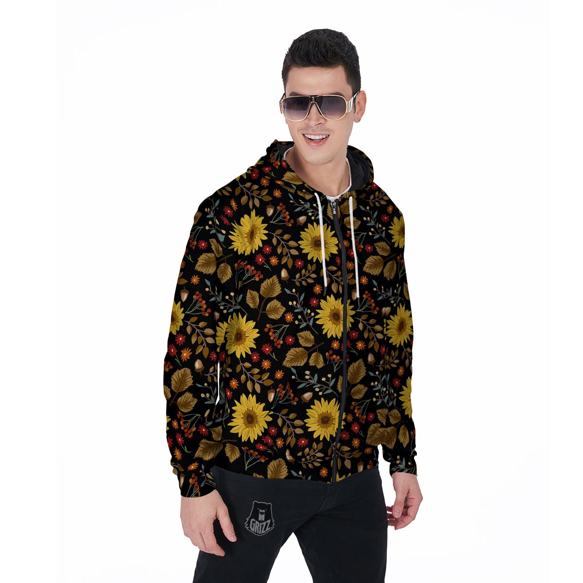 Autumn Sunflower Men's Zip Up Hoodie-grizzshop