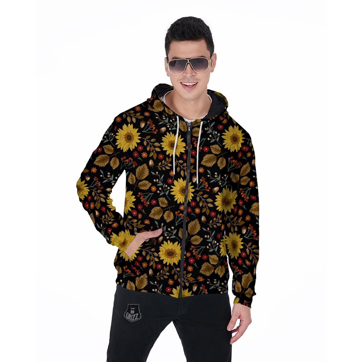 Autumn Sunflower Men's Zip Up Hoodie-grizzshop