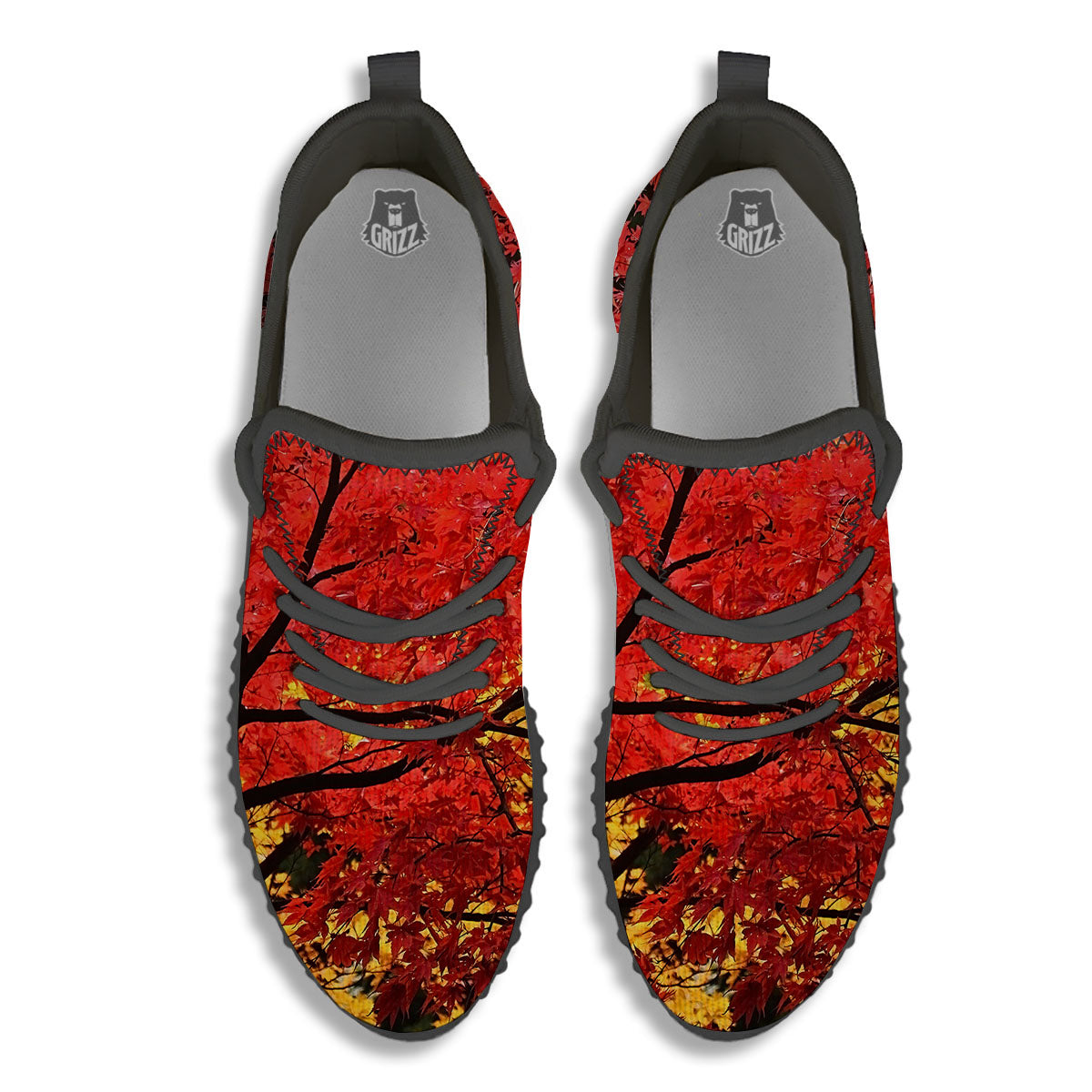 Autumn Trees Red Print Black Walking Shoes-grizzshop