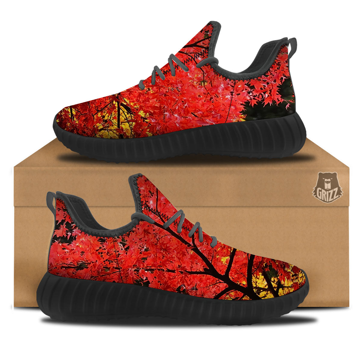 Autumn Trees Red Print Black Walking Shoes-grizzshop