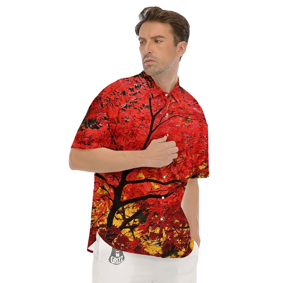 Autumn Trees Red Print Men's Short Sleeve Shirts-grizzshop