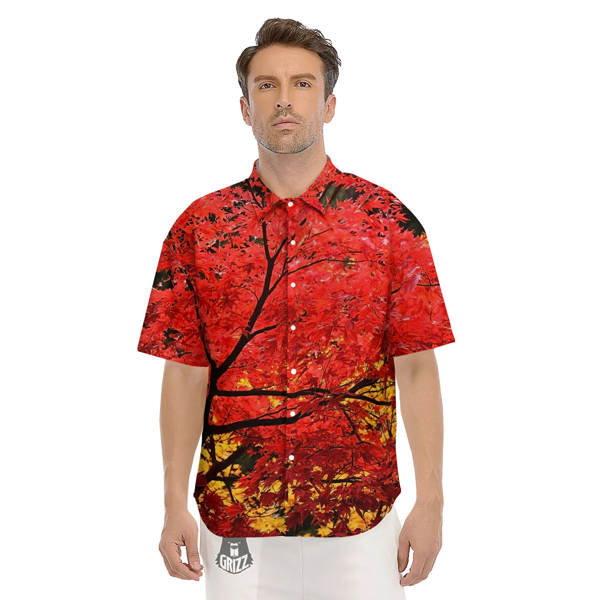 Autumn Trees Red Print Men's Short Sleeve Shirts-grizzshop