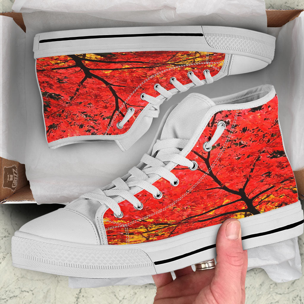 Autumn Trees Red Print White High Top Shoes-grizzshop