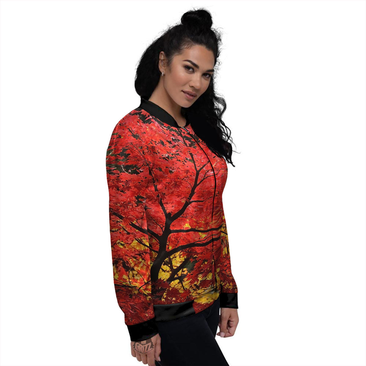 Autumn Trees Red Print Women's Bomber Jacket-grizzshop