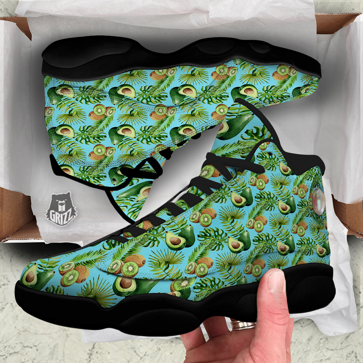 Avocado And Watercolor Kiwi Print Pattern Black Basketball Shoes-grizzshop