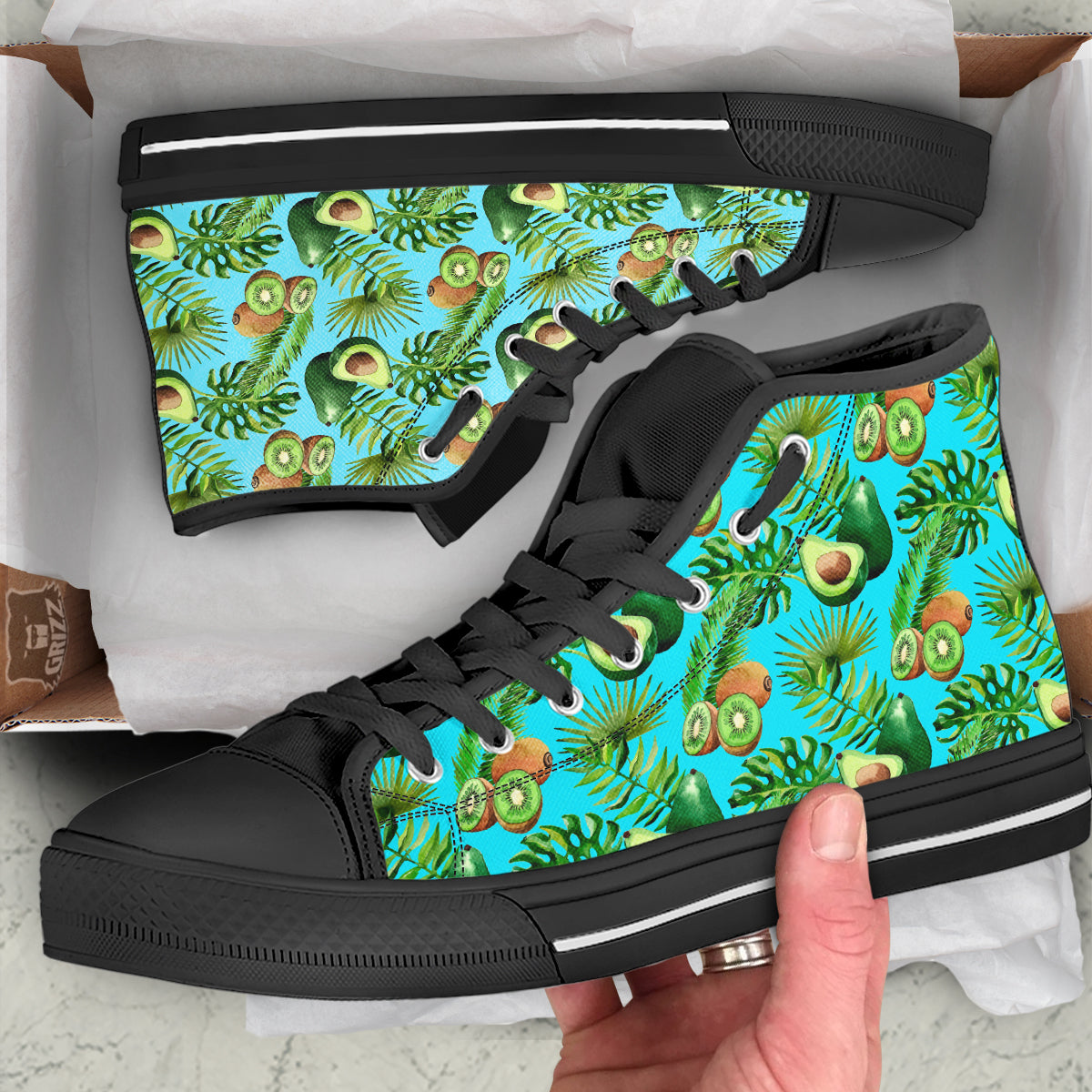 Avocado And Watercolor Kiwi Print Pattern Black High Top Shoes-grizzshop