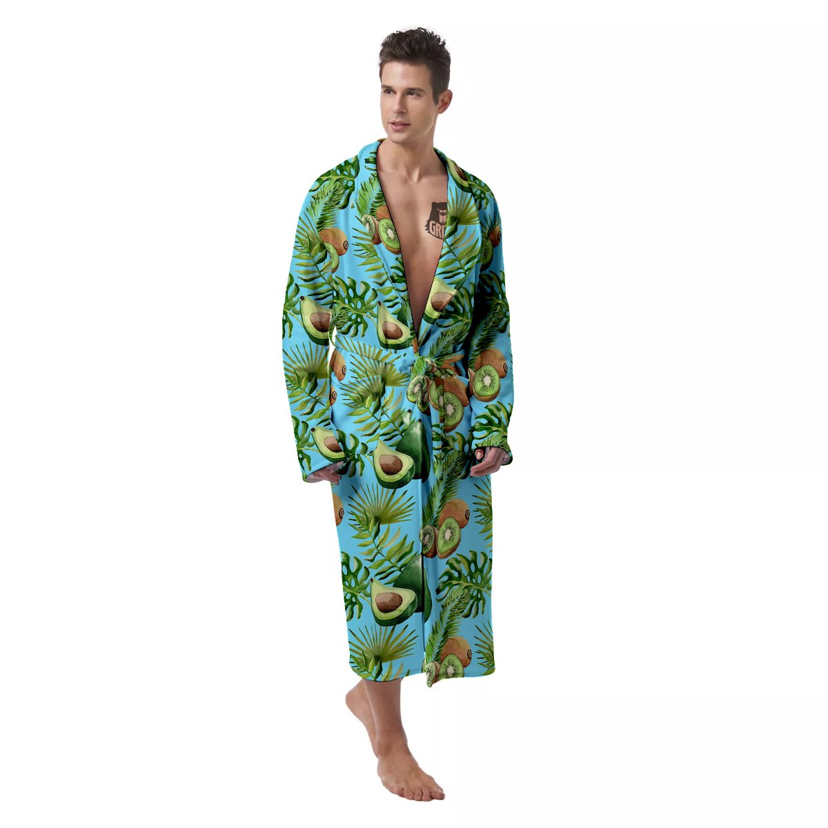 Avocado And Watercolor Kiwi Print Pattern Men's Robe-grizzshop