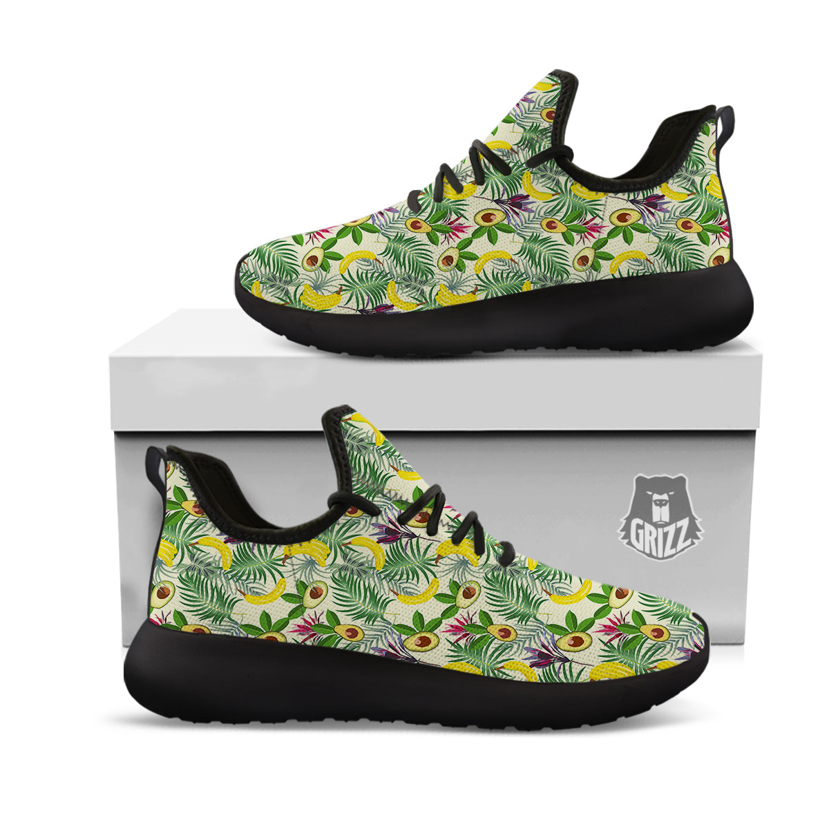 Avocado Banana Leaf Print Pattern Black Athletic Shoes-grizzshop
