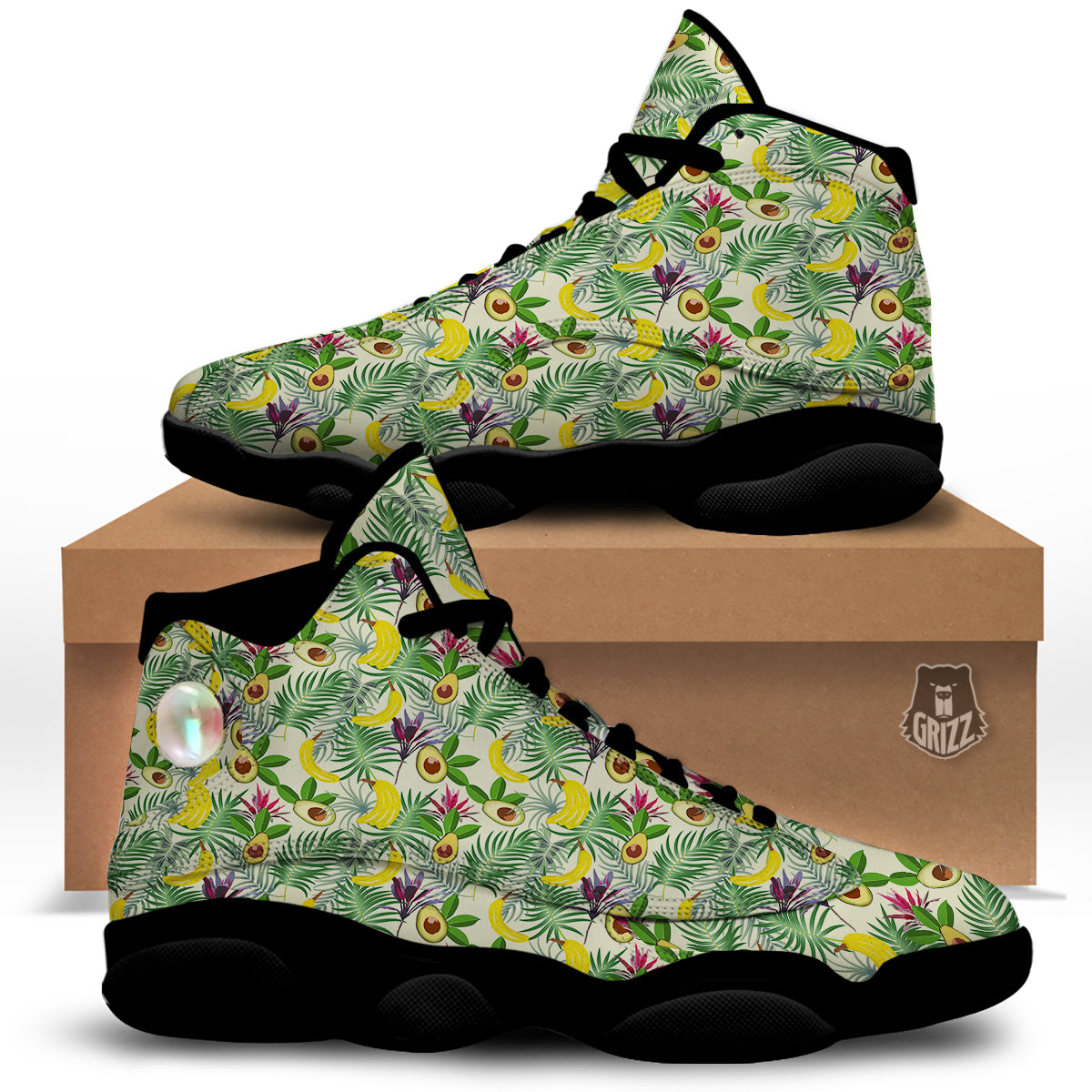Avocado Banana Leaf Print Pattern Black Basketball Shoes-grizzshop