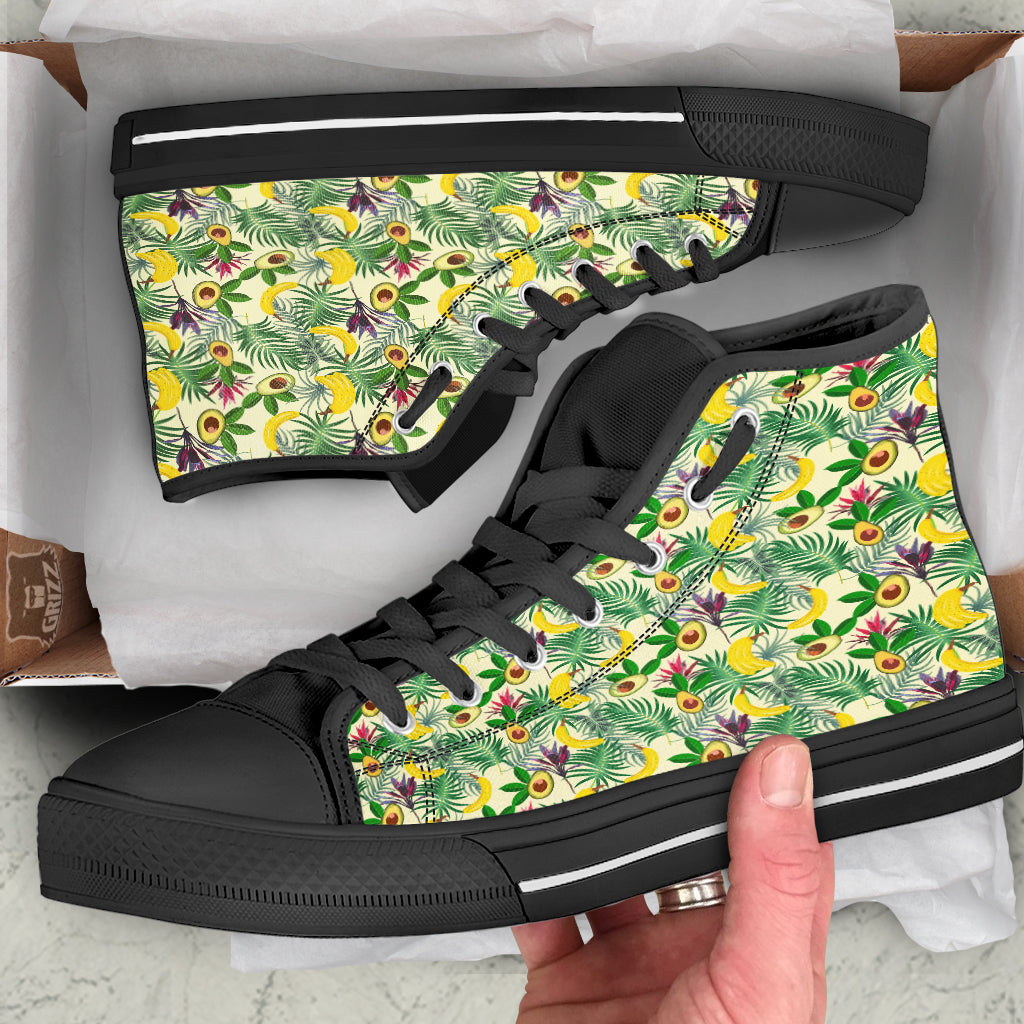 Avocado Banana Leaf Print Pattern Black High Top Shoes-grizzshop