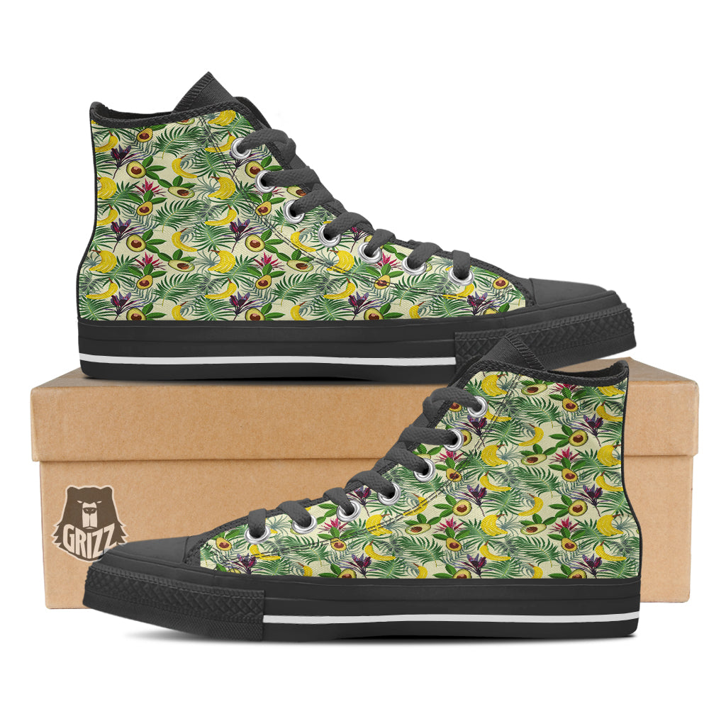 Avocado Banana Leaf Print Pattern Black High Top Shoes-grizzshop