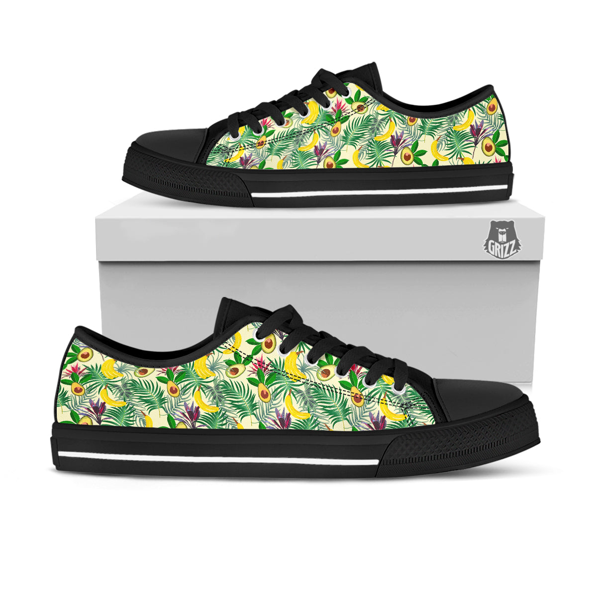 Avocado Banana Leaf Print Pattern Black Low Top Shoes-grizzshop