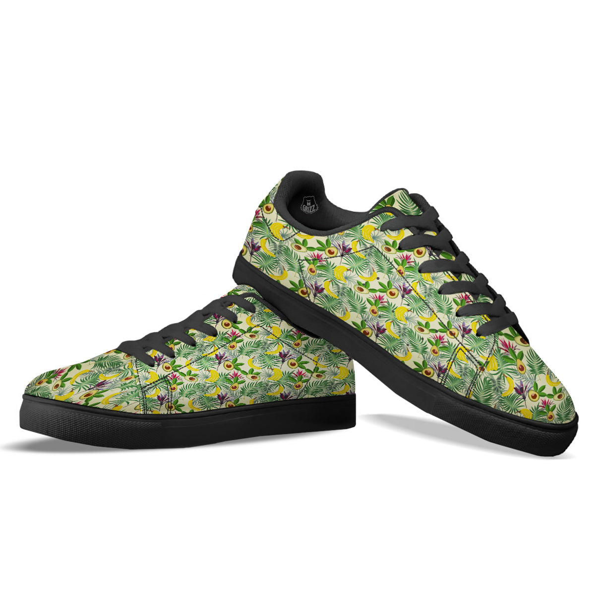 Avocado Banana Leaf Print Pattern Black Low Top Sneakers-grizzshop