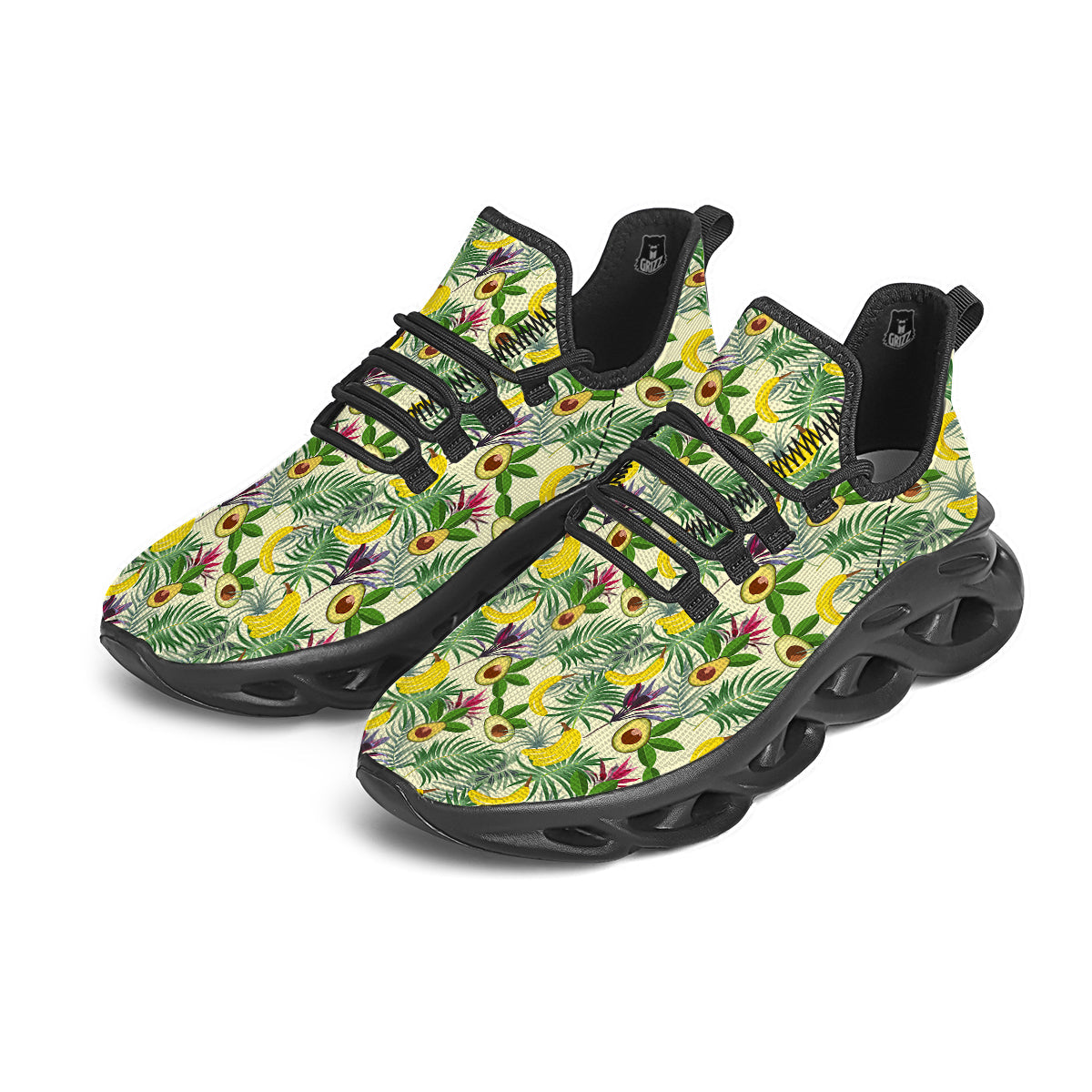 Avocado Banana Leaf Print Pattern Black Running Shoes-grizzshop