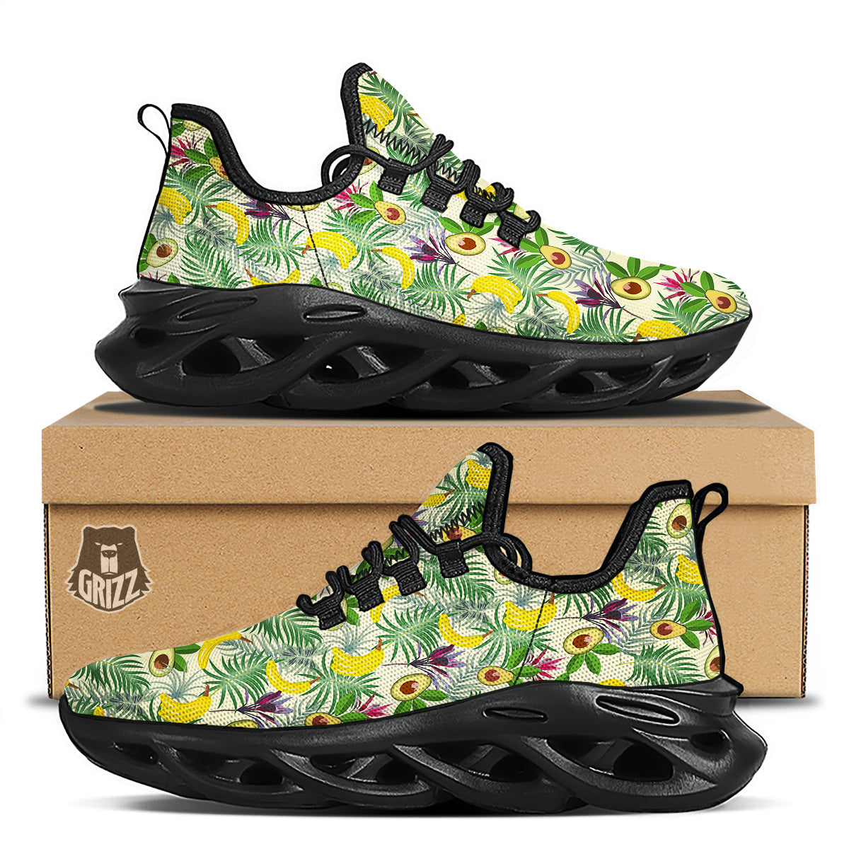 Avocado Banana Leaf Print Pattern Black Running Shoes-grizzshop