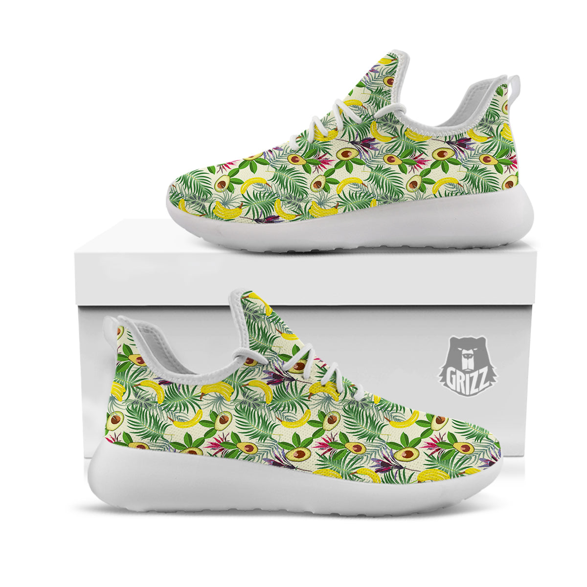 Avocado Banana Leaf Print Pattern White Athletic Shoes-grizzshop