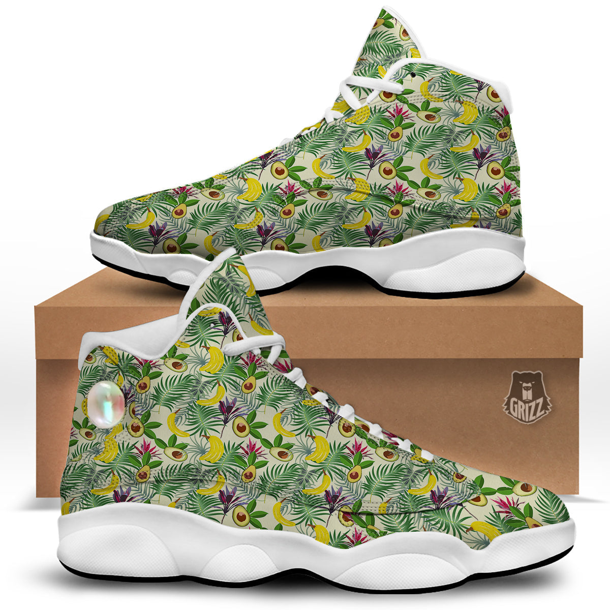 Avocado Banana Leaf Print Pattern White Basketball Shoes-grizzshop