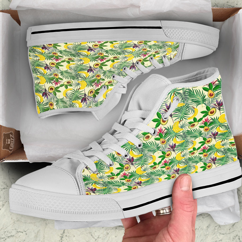 Avocado Banana Leaf Print Pattern White High Top Shoes-grizzshop