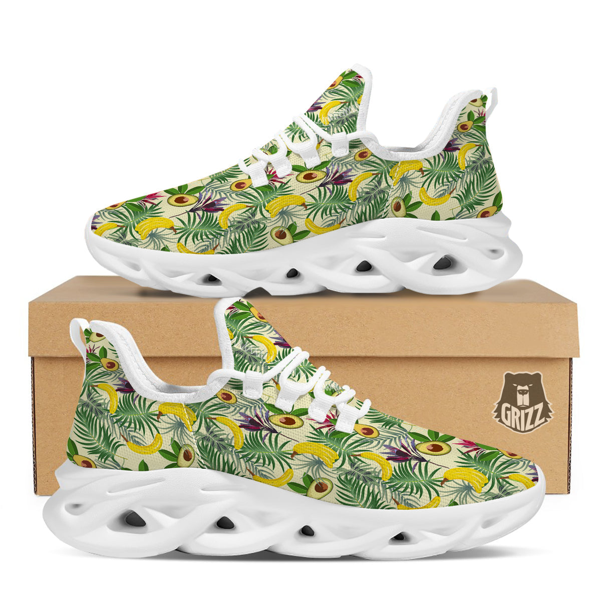 Avocado Banana Leaf Print Pattern White Running Shoes-grizzshop