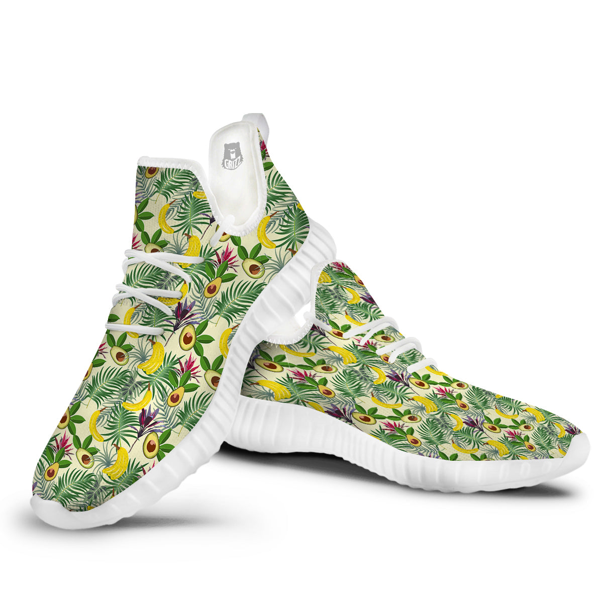 Avocado Banana Leaf Print Pattern White Walking Shoes-grizzshop
