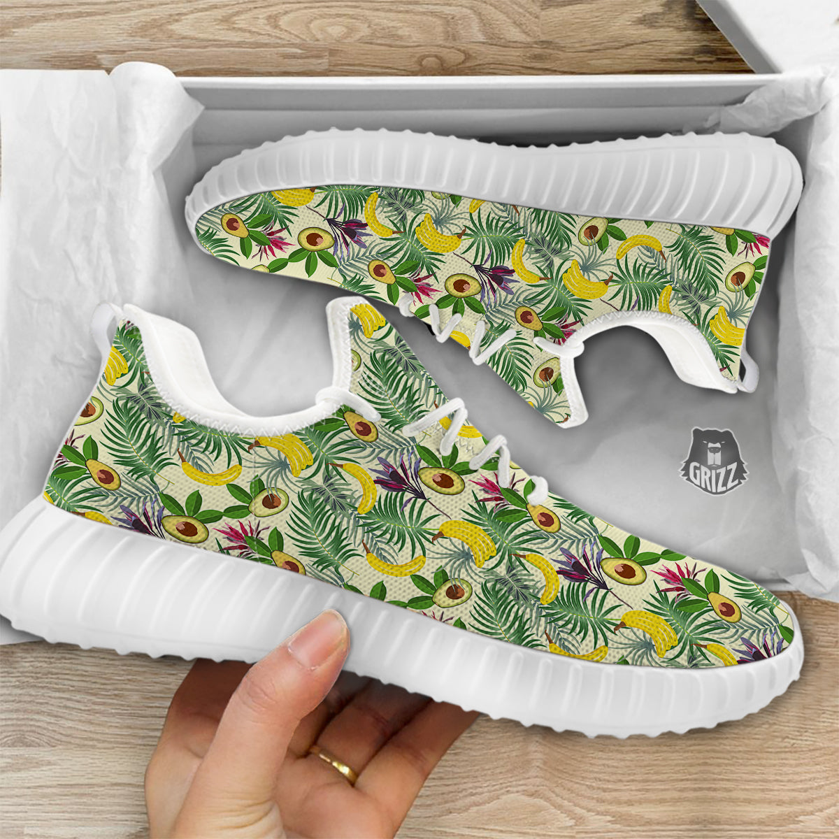 Avocado Banana Leaf Print Pattern White Walking Shoes-grizzshop