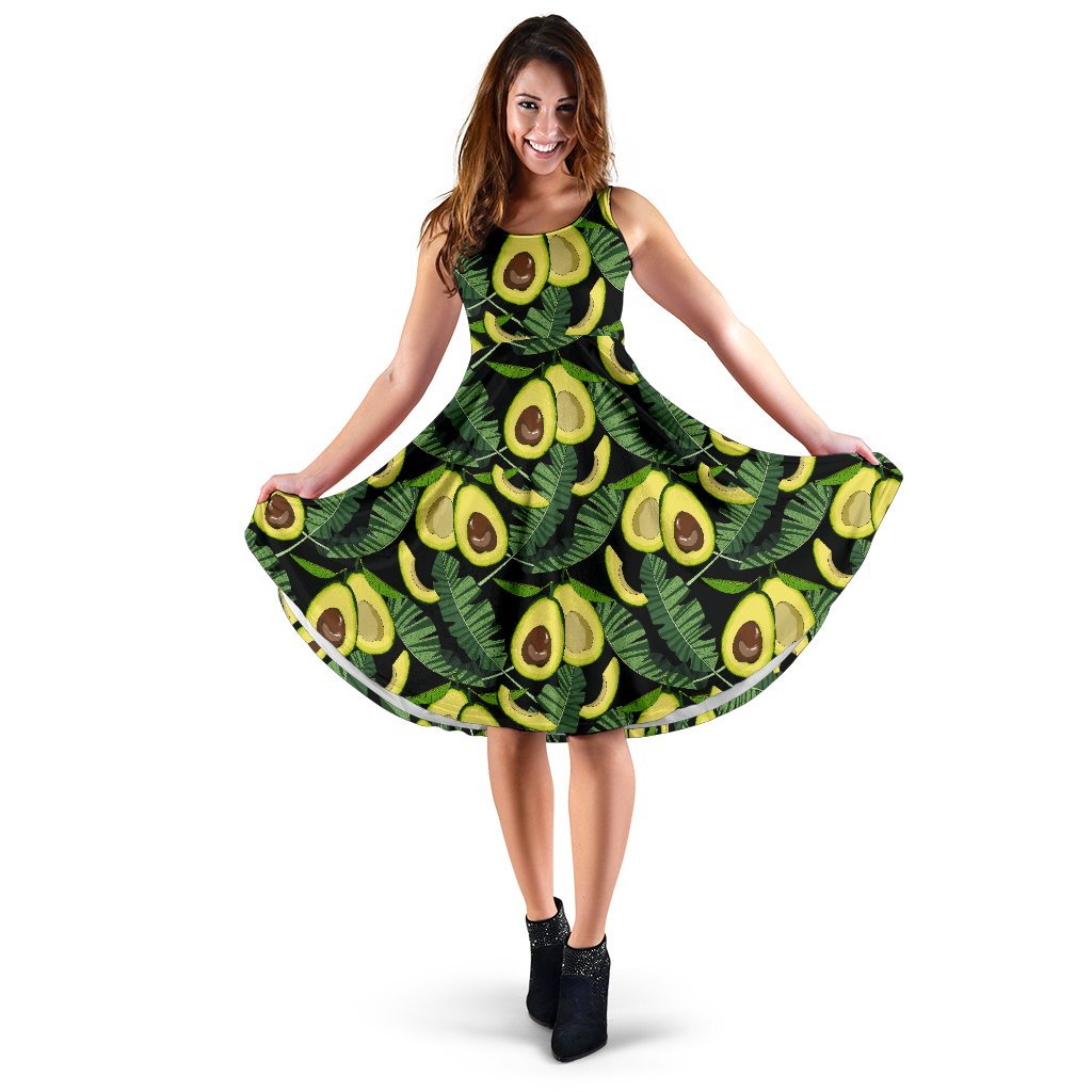 Avocado Floral Palm Leaves Pattern Print Dress-grizzshop