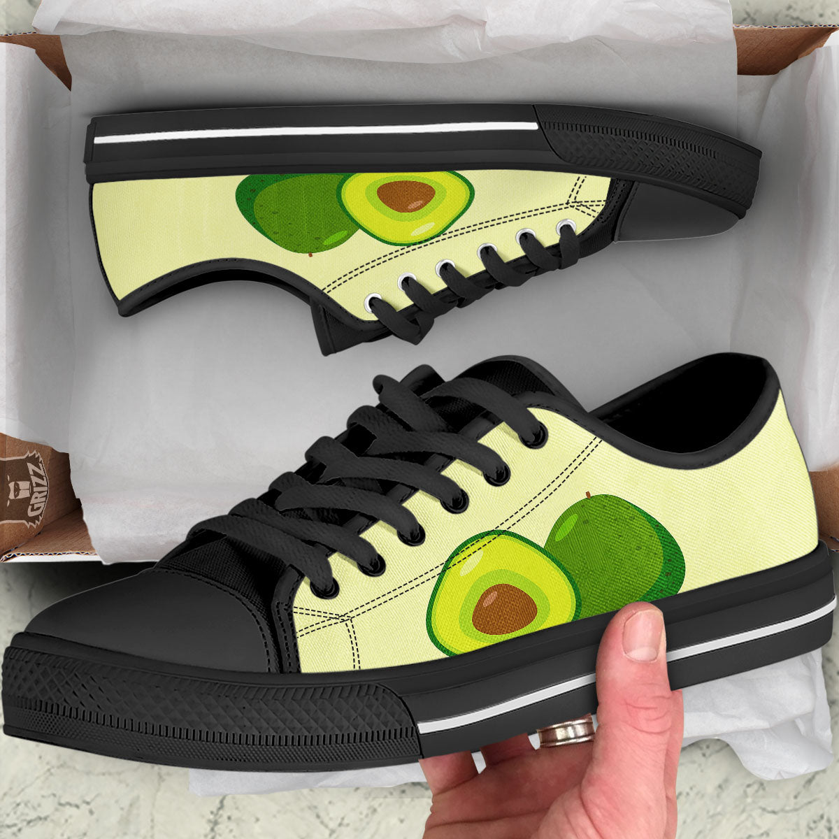 Avocado Green Print Black Low Top Shoes-grizzshop
