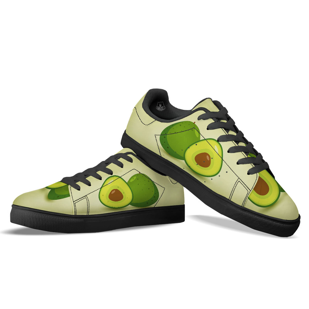 Avocado Green Print Black Low Top Sneakers-grizzshop