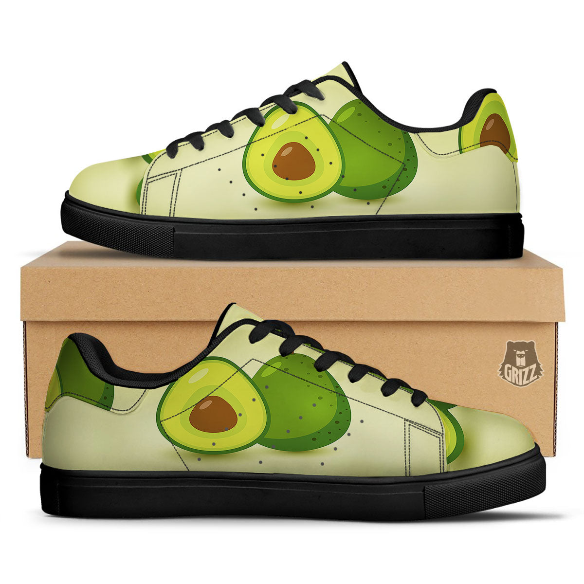 Avocado Green Print Black Low Top Sneakers-grizzshop