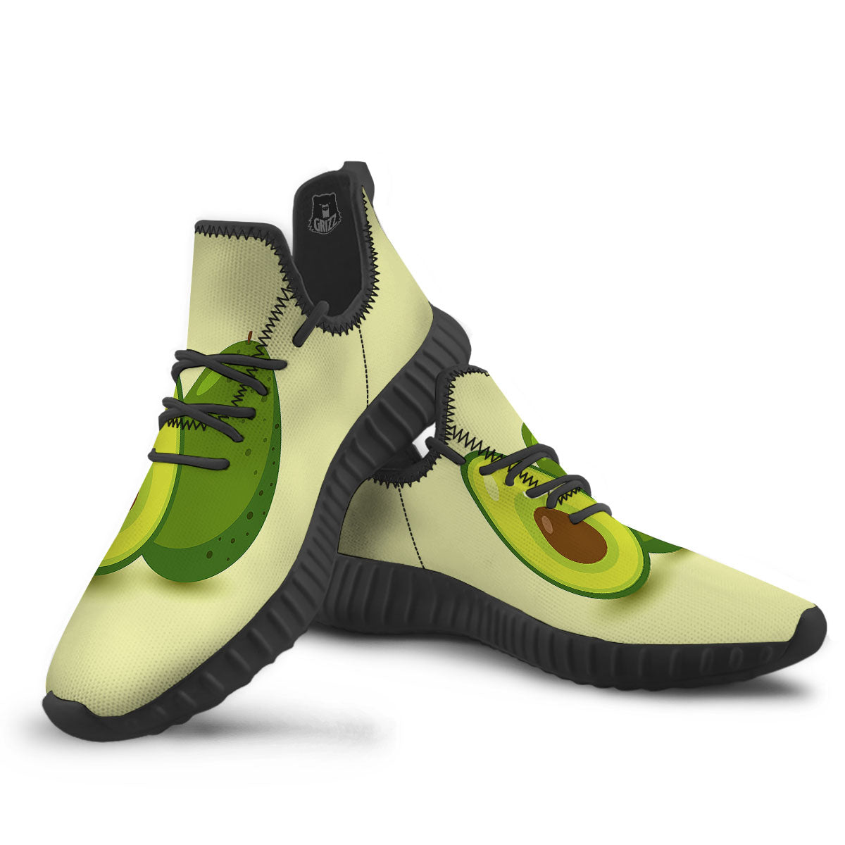 Avocado Green Print Black Walking Shoes-grizzshop