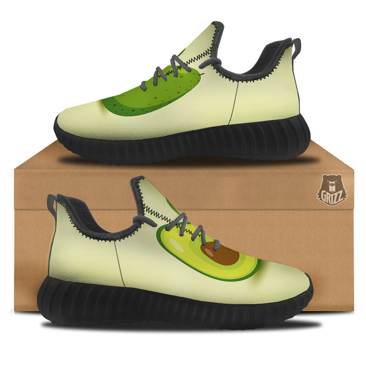 Avocado Green Print Black Walking Shoes-grizzshop
