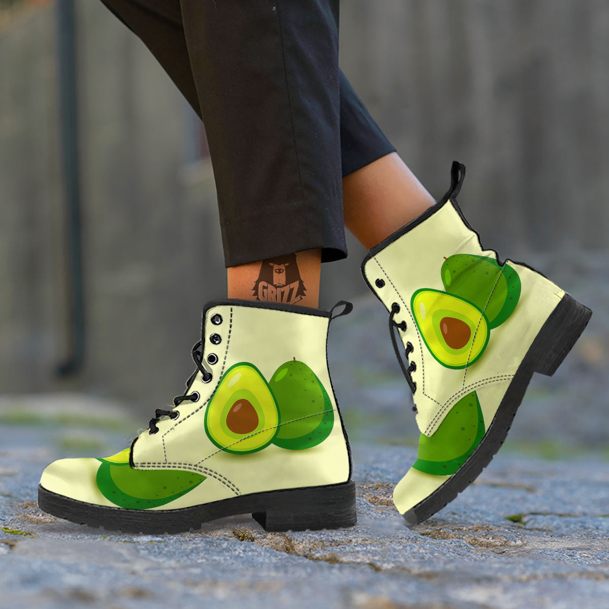Avocado Green Print Leather Boots-grizzshop