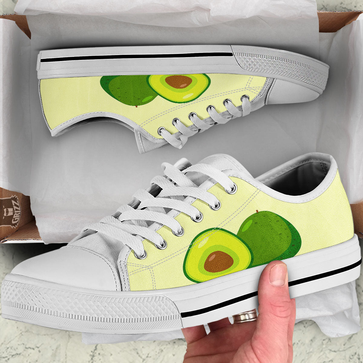Avocado Green Print White Low Top Shoes-grizzshop