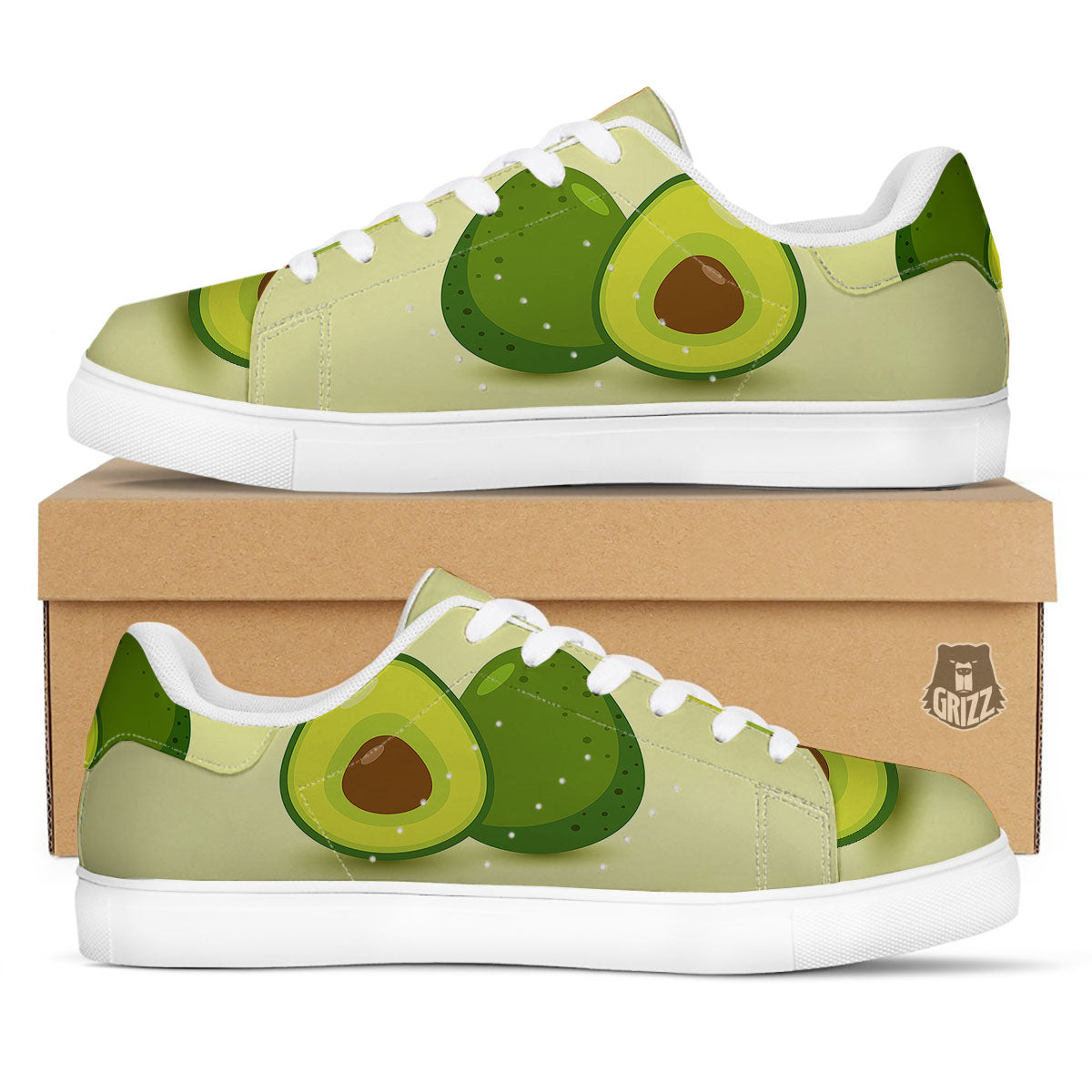 Avocado Green Print White Low Top Sneakers-grizzshop