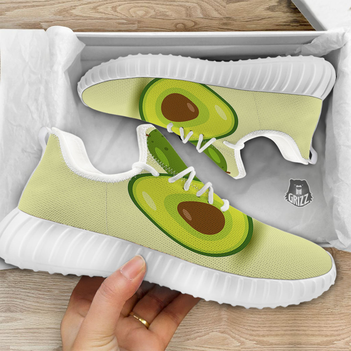 Avocado Green Print White Walking Shoes-grizzshop