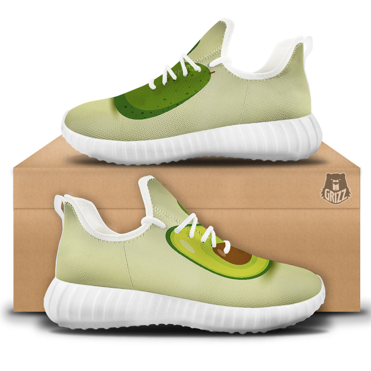 Avocado Green Print White Walking Shoes-grizzshop