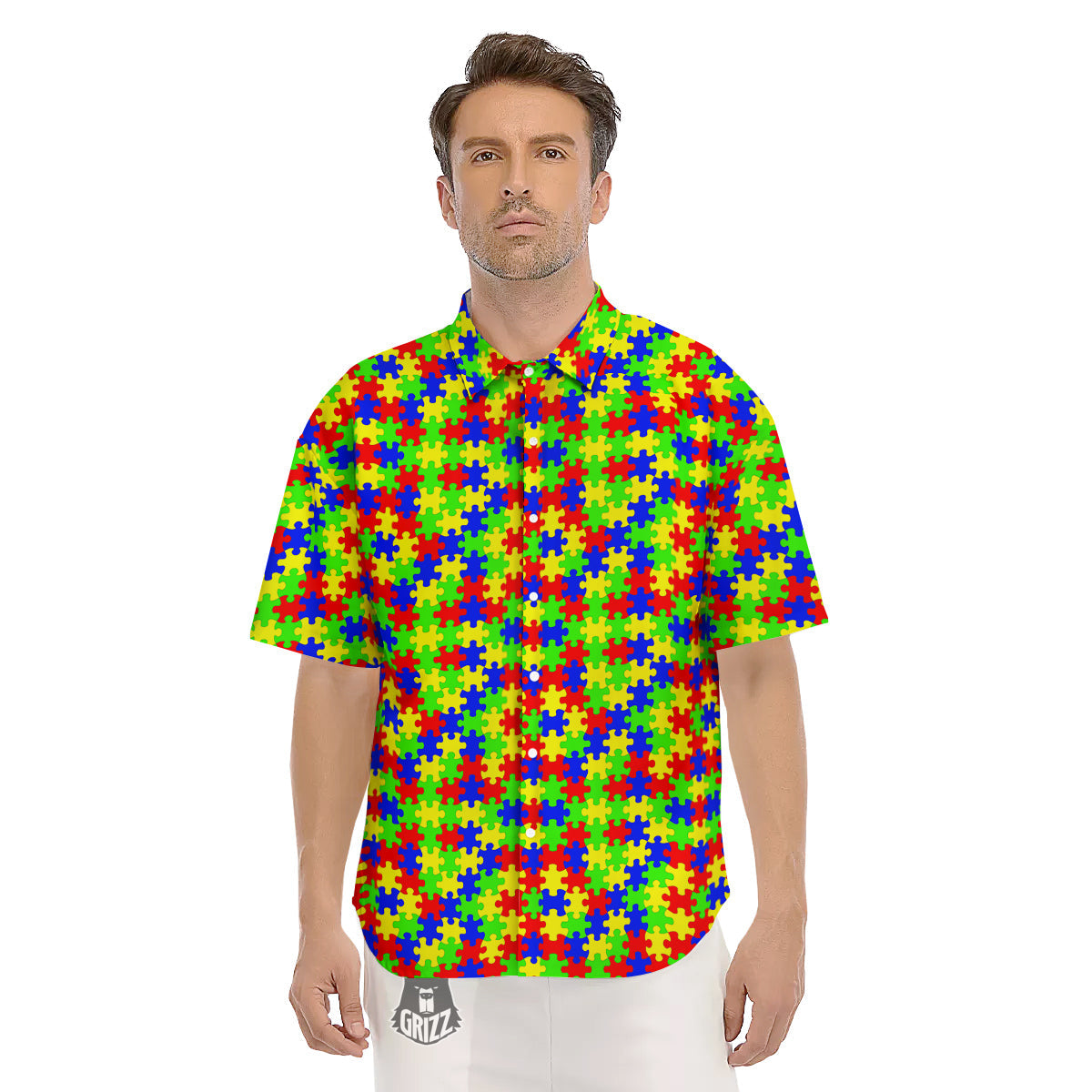 Awareness Jigsaw Colorful Autism Print Men's Short Sleeve Shirts-grizzshop